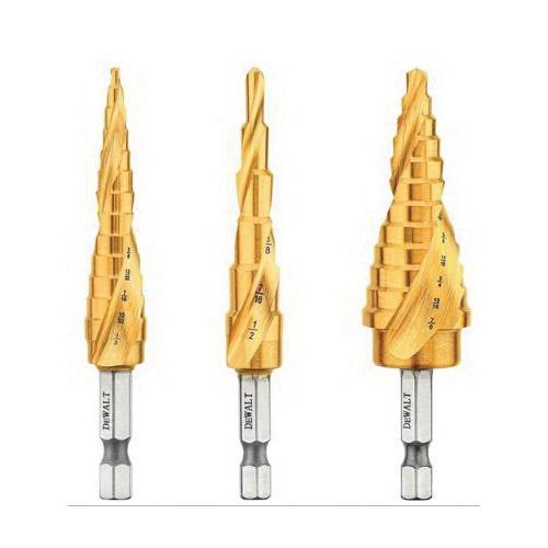 Step Drill Bit Set, System of Measurement: Imperial, 1/8 in Minimum Drill Bit, 7/8 in Drill Bit, 3 Piece, 1/4 in Hex Shank, For Use With: Rotary Drills, Titanium