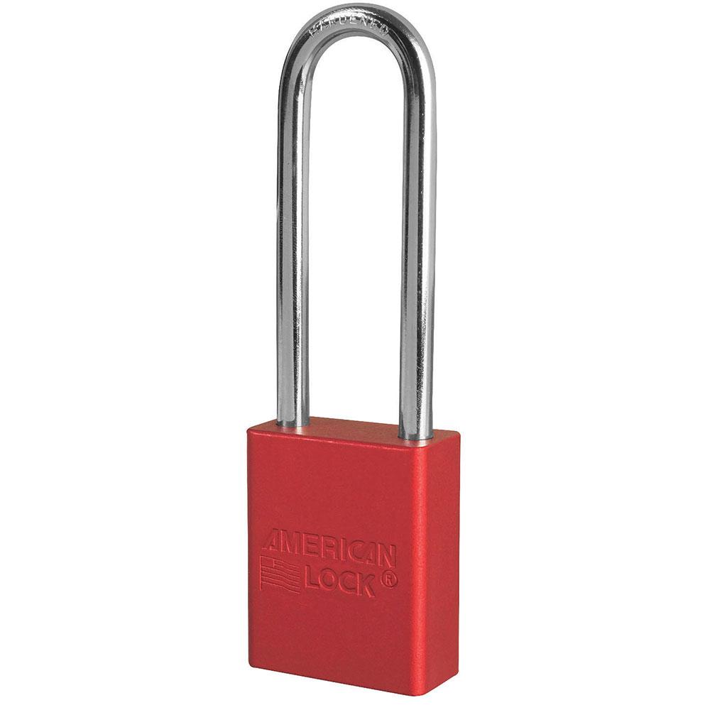 Safety Padlock, Corrosion Resistant, Keyed Different, Red, Aluminum Body, 1/4 in Shackle Diameter, 25/32 in Shackle Width, Boron Alloy Shackle, 1-1/2 in Body Width, 6-Pin Tumbler Cylindrical Locking Mechanism, Legend: Danger Do Not Operate Safety Tag
