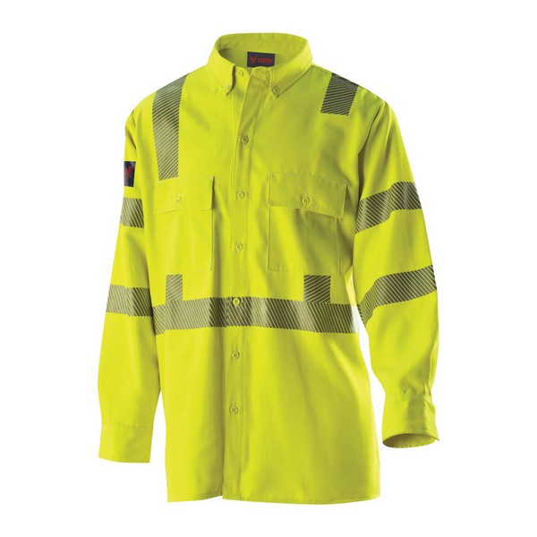 Utility Shirt, Size XL, Hi-Viz Yellow-Green, Long Sleeves, Drifire® Material, Button Closure, Silver Stripes, 12 cal/cm², NFPA 70E Cat 2, ANSI Class: Class 3