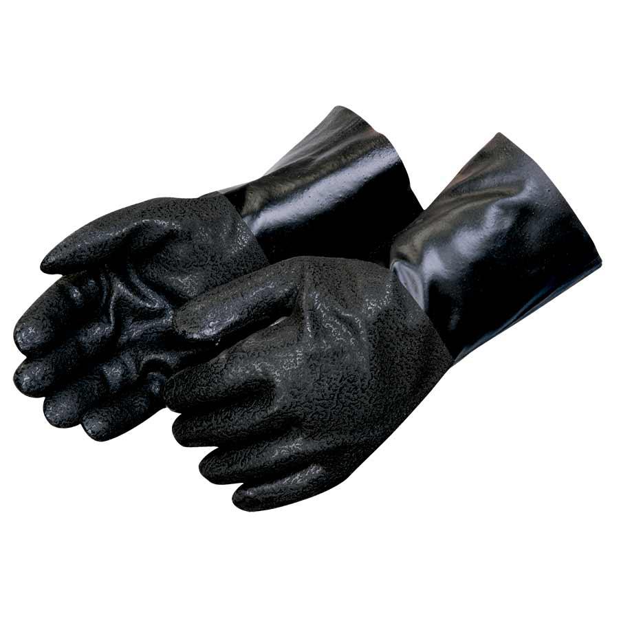 Glove, Double Dipped, PVC, Black, Rough Grip Style, Jersey Lining, Gauntlet Cuff, 18 in Length, Resists: Chemical