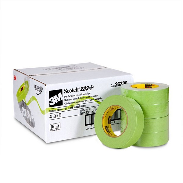 Masking Tape, High Performance, Series: 233+, 55 m Length, 36 mm Width, 6.6 mil Thickness, Green, Rubber Adhesive, Crepe Paper Backing, 36 in-oz Adhesion Strength, 25 in-lb Tensile Strength, 250 °F Maximum Operating