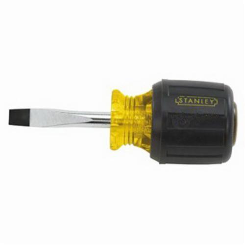 Standard Screwdriver, Stubby, Measurement System: Imperial, Keystone/Slotted Point, 1/4 in Point, 3-7/16 in Overall Length, Round Shank, 1-1/2 in Shank Length, Alloy Steel Shank, 1/4 in Blade Dia, Vinyl Grip, Acetate Handle, High Alloy Steel, Black O
