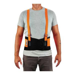 Back Support Brace, Economy High Visibility, Series: 100HV, 2XL, Fits Waist Size: 42 to 46 in, 8 in Width, Rubber Webbing, Hi-Viz Orange, Adjustable/Detachable Suspenders, Hook and Loop Closure