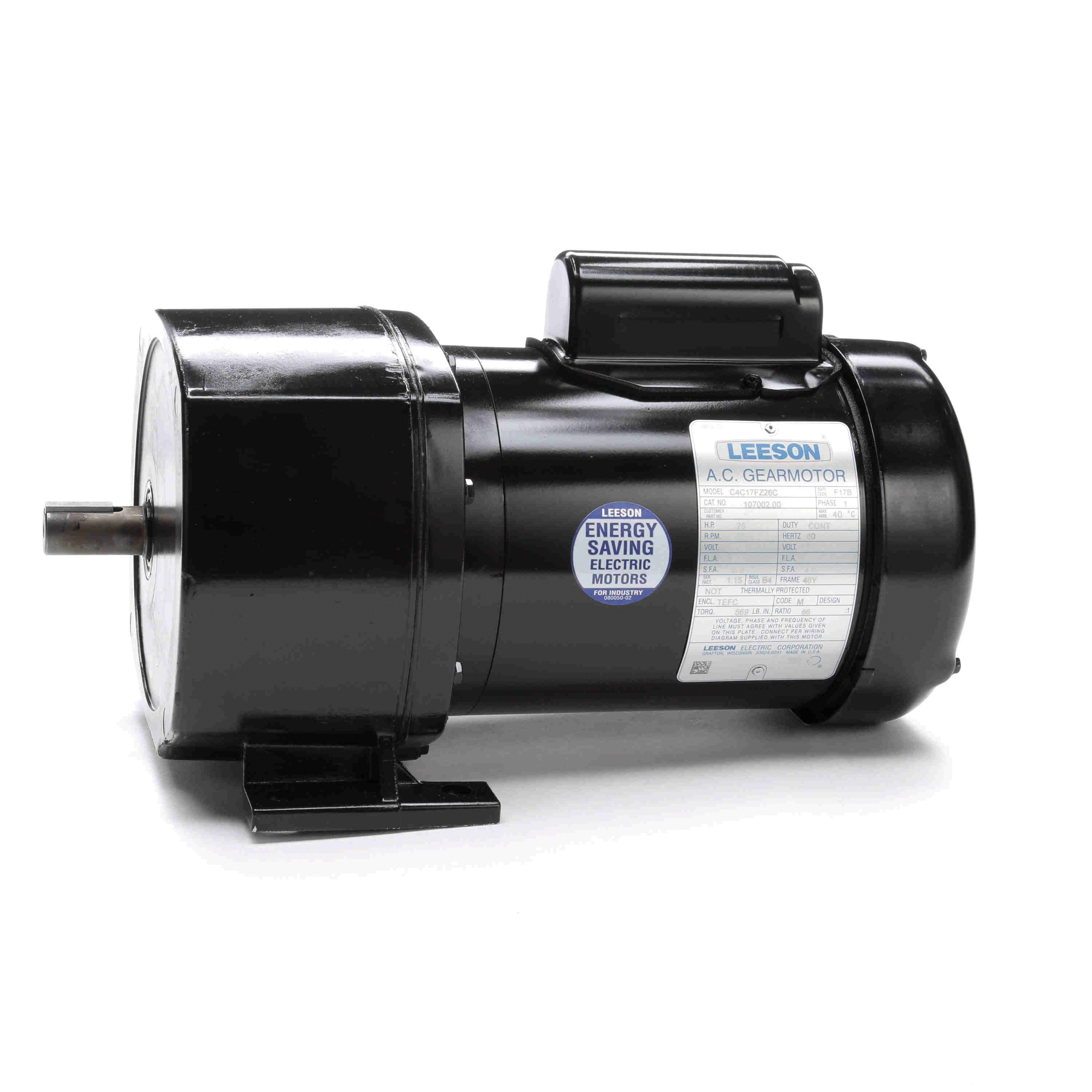 Gear Motor, 0.25 hp, 60 Hz Frequency, 1 ph, 26 RPM, 3/4 in Shaft Diameter, 1-1/2 in Shaft Length, Reversible Rotation, 569 in-lb Torque, 66:1 Gear Ratio, Ball Bearing, Special Mounting, 40 °C Ambient, Class B Insulation, TEFC, Die Cast Aluminum