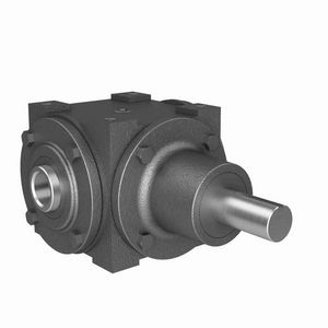 Bevel Gear Reducer, 1.53:1 Gear Ratio, 35 HP, Shaft Input, Hollow Bore Output, 1-1/4 Inch Diameter x 2-9/16 Inch Length Input, 1-1/4 Inch Diameter Output, 1143.8 RPM Output Maximum Speed, 1750 RPM Input Maximum Speed, 1887 in-lb, 8-7/16 Inch Centre Distance, 1/4 x 1/8 Inch Input/Output Keyway, 97.5 % Efficiency, Four-Bolt Surface Mount, Cast Iron