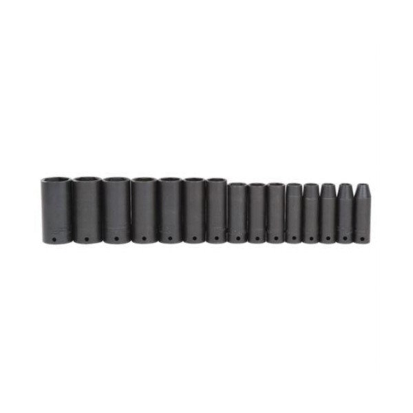 Socket Set, Deep Thin Wall, Yes Impact Rated, Measurement System: Imperial, 15 Piece, 6 Points, Included Socket Size: 3/8 to 1-1/4 in, 1/2 in Drive, Specifications Met: ASME B107.2, Alloy Steel, Black Oxide