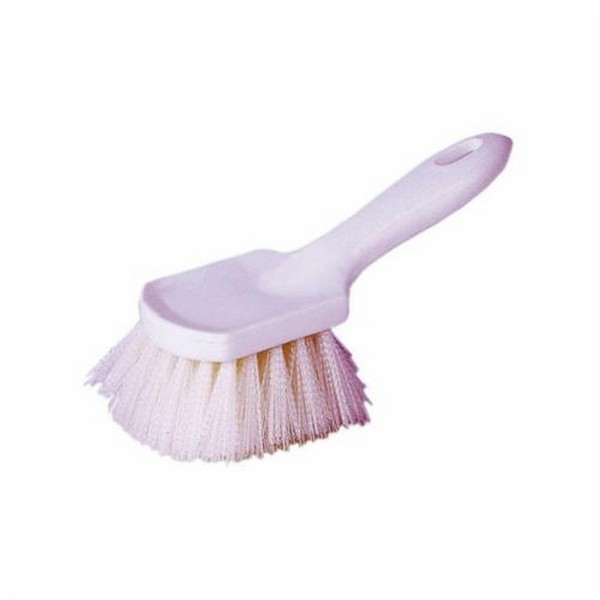 Utility Scrub Brush, Short Handle, Plastic Block, 8 in L Block, 2 in Trim Length, Nylon Trim, White Trim Color, Plastic Handle