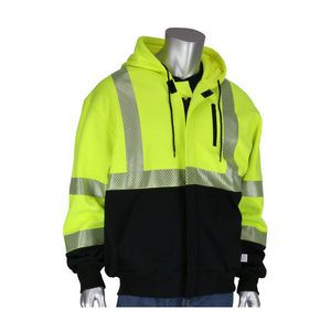 Arc and Flame Resistant Hooded Sweatshirt, Series: 385-1370FR, Unisex, L, Hi-Viz Yellow/Black, 60% Modacrylic/40% Cotton, 29-1/2 in Length, 50 in Chest, Zipper Closure, 11.2 oz Fabric Weight, 3 Pockets