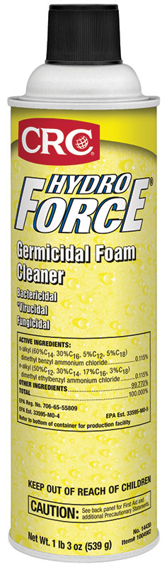 Germicidal Cleaner, Non-Flammable, Series: HydroForce®, 20 oz, Aerosol Can, 19 Oz Net Weight, Foaming Spray, White, Floral Ammonia, 12 to 13 pH, 77 g/L VOC, <lt/>20 deg F Flash, Composition: Hydrocarbon, Water, 2-Butoxyethanol, n-Butane, Tetrasodium