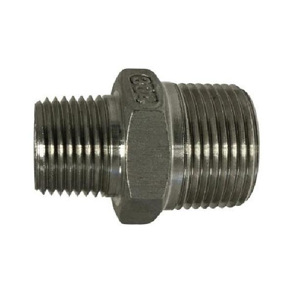 Reducing Hex Nipple, 1/4 x 1/8 Inch Nominal, MNPT, 300 psi, 304 Stainless Steel, Import