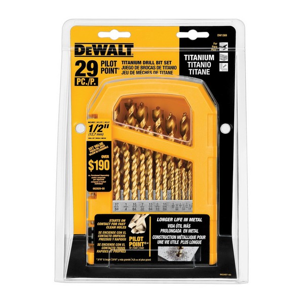 Drill Bit Set, 29 Piece, Specifications: Pilot Point, Straight Shank, Metal, Titanium Coated
