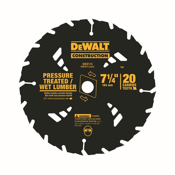 Circular Saw Blade, Portable Pressure Treated Round Arbor, Series: 20™, 7-1/4 in Diameter, 0.045 in Thickness, 5/8 in Arbor, ATB Teeth, 20 Teeth, 25° Tooth Angle, 7000 RPM Maximum, 2-3/8 in Cutting Depth, 0.071 in Kerf, Tungsten Carbide Cutting Ed