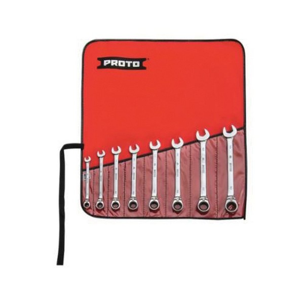 Wrench Set, Anti-Slip Ratcheting Reversible, Metric System of Measurement, 8 to 18 mm, 8 Piece, 12 Point, 72 Geared Teeth, Open End Drive, Full Polished