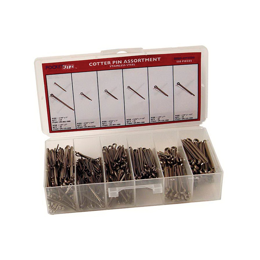 Cotter Pin Assortment, Measurement System: Imperial, 550 Piece, Stainless Steel, Plain