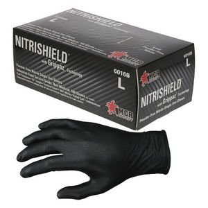 Disposable Gloves, Non-Sterile, Series: Nitrishield® 6016B, L Size, Nitrile Palm, Nitrile, Black, Texture, Right/Left Hand, Industrial Grade/Single Use Application, Fish Scale/Reversible Pattern/Standard Finger/Wing Thumb Style, Unlined Lining, Rolle