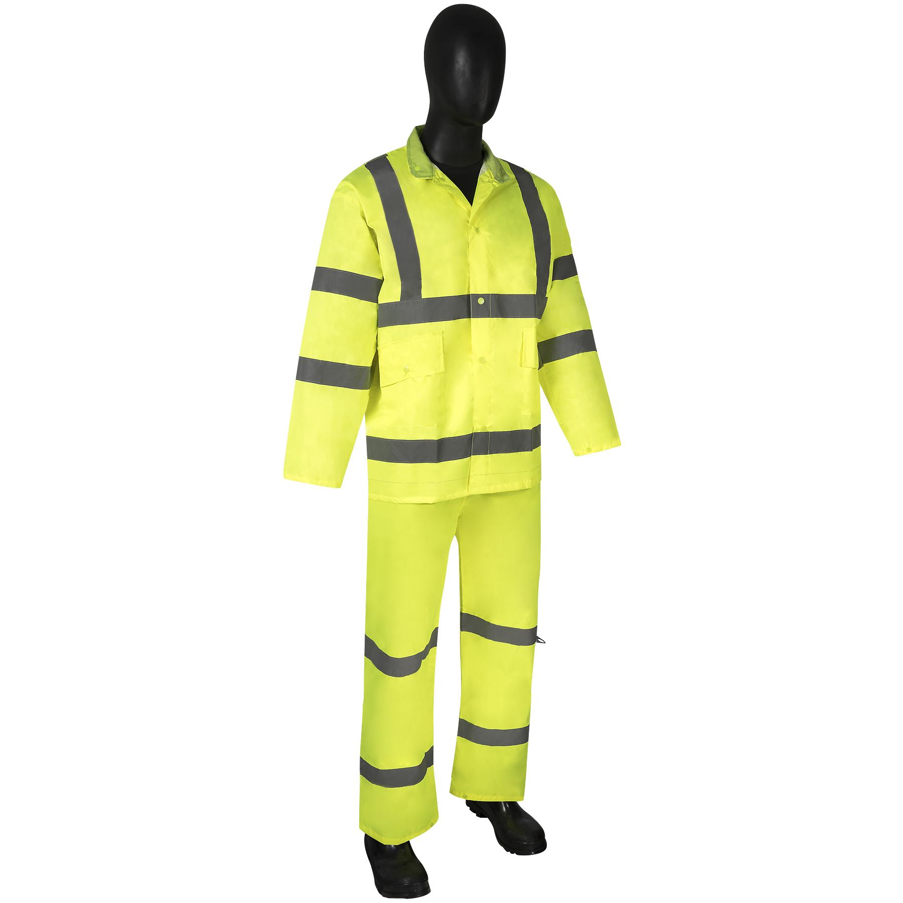 Rainsuit, 3-Piece, Series: LS14, Hi-Viz Green, Polyester Fabric, Detachable Hood, 0.15 mm Thickness, Front Snap Closure