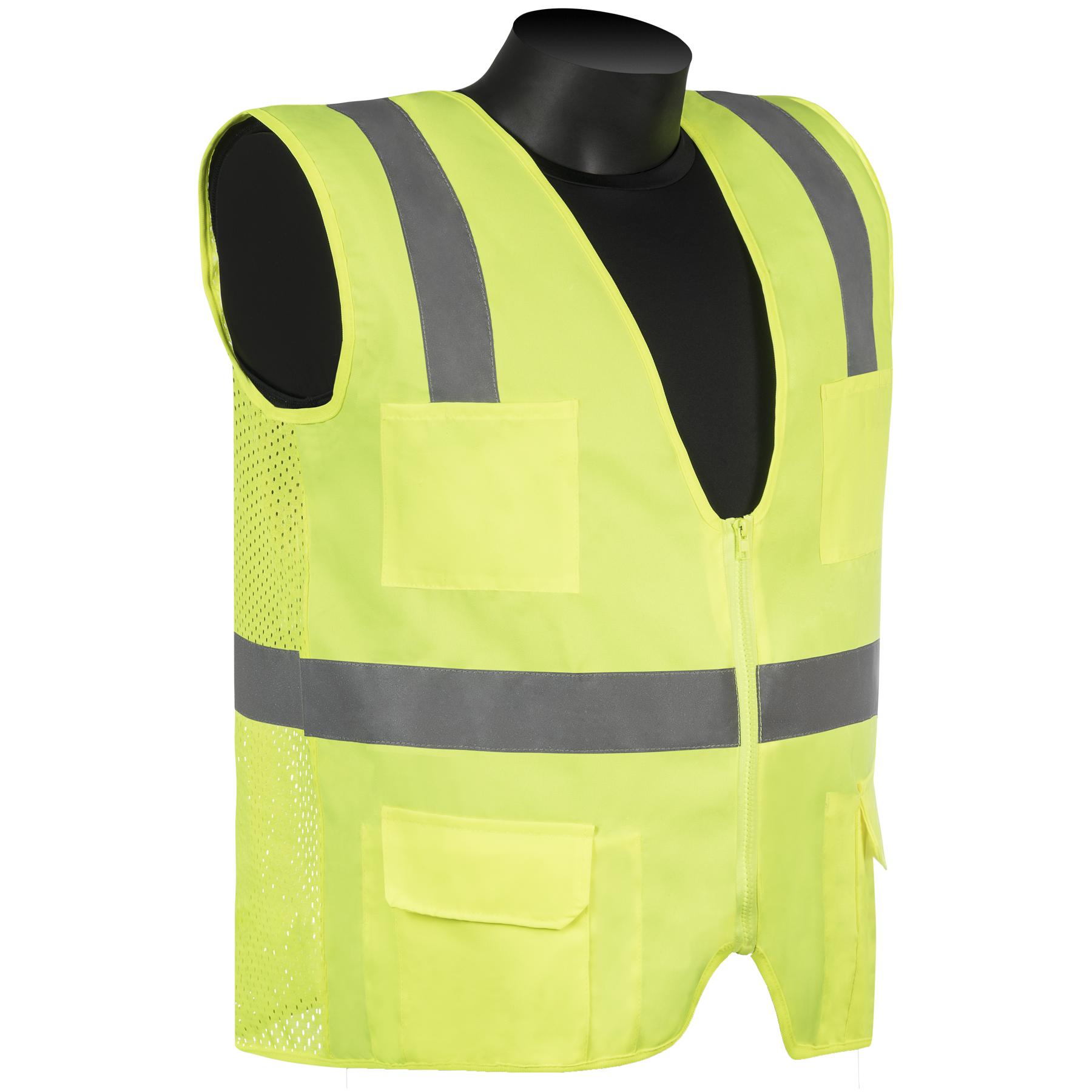 Surveyor Vest, Reflective, Series: C16010G, 4XL Size, Hi-Viz Green, Mesh/Polyester, Front Zipper Closure, 6 Pockets, ANSI Class: Class 2