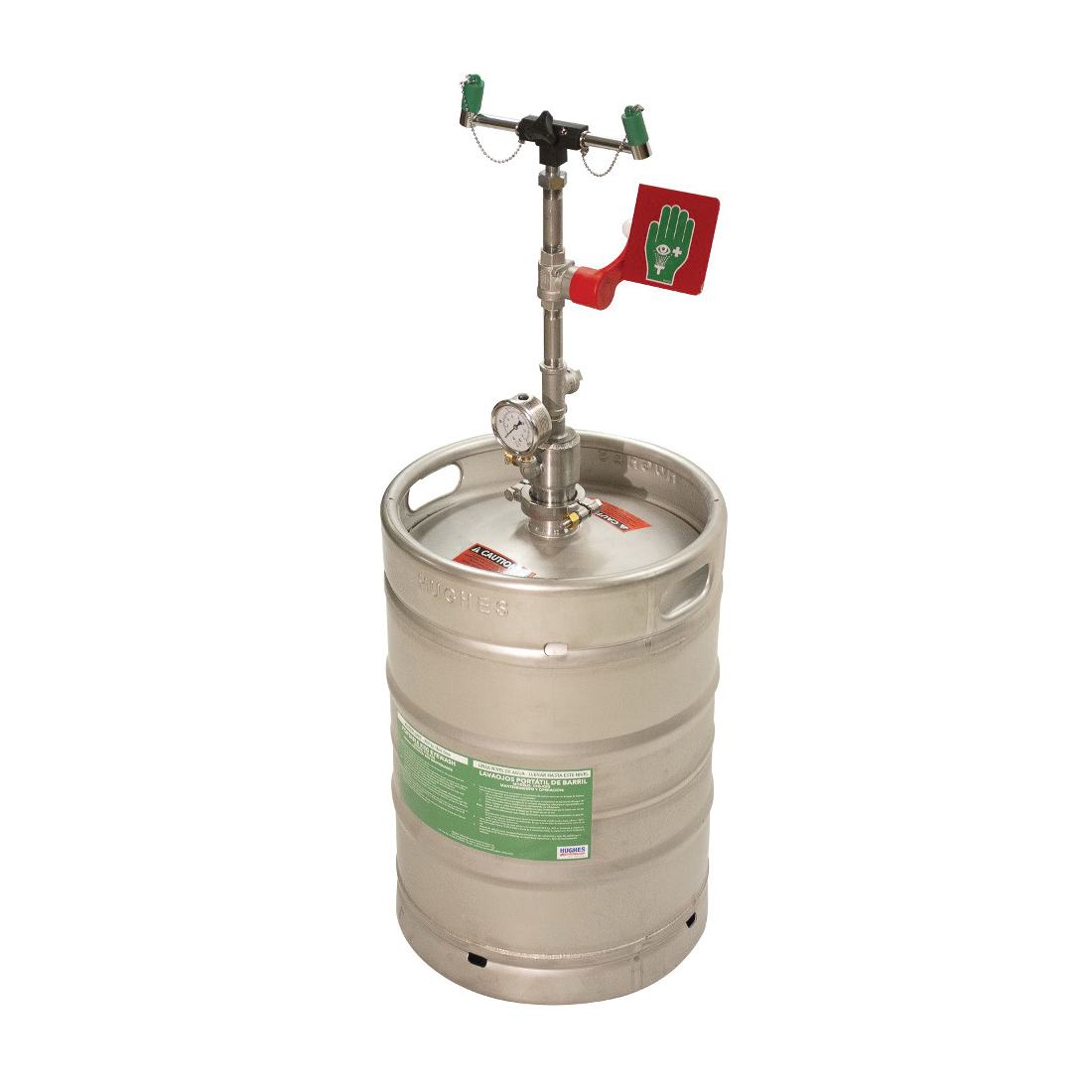 Hughes Self-Contained Emergency Eye Wash, Pressurized Portable, Series: Hughes, 15 gal Capacity, Stainless Steel Tank, 41.2 in Height, 15.9 in Width, 15.9 in Depth, 1.5 Lpm Flow Rate, Push Plate Operation, Green, 44 lb Weight Empty, 127 lb Weight Ful