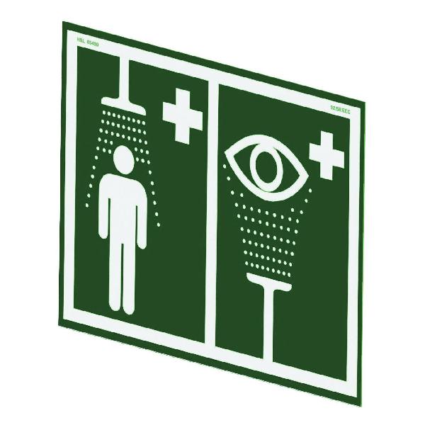 Hughes Safety Shower and Eye/Face Wash Sign, Pictogram Universal, Series: Hughes, Specifications Met: BS EN ISO 7010, PVC, White on Green, 16 in W x 12 in H Dimensions