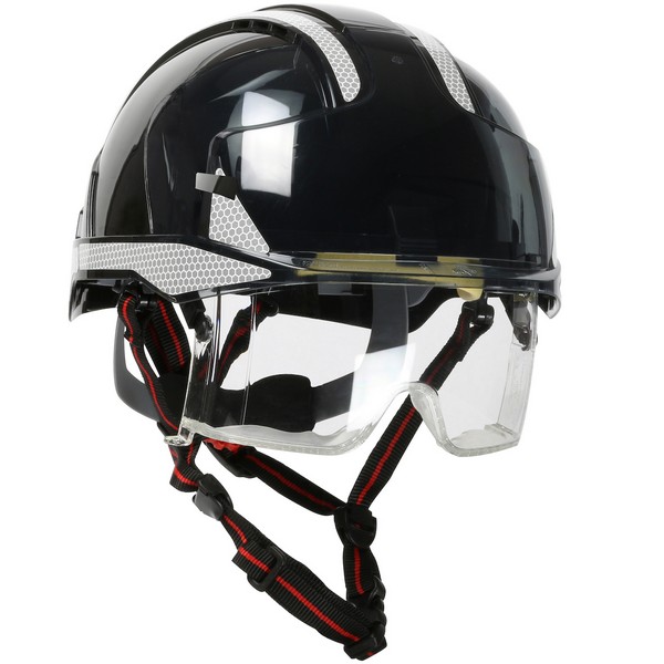 Safety Helmet, Industrial Integrated Short Brim Vented, Series: 280-EVLV-CH, Universal Size, Black, ABS, 6-Point Polyester Textile Strap Suspension, Anti-Mist/Anti-Scratch Lens, ANSI Electrical Class Rating: Class C, ANSI Impact Rating: ANSI Z89.1 Ty