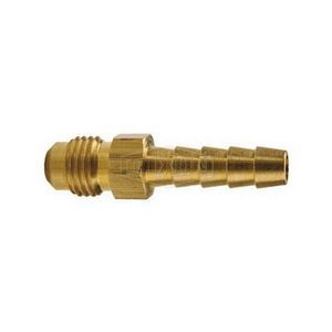 Hose Barb, Fitting/Connector Type: Adapter, 5/8-18 x 1/4 in Nominal, 45 deg Male SAE UNF x Hose Barb End Style, 5/8 in Hex, 1.82 in Length, 4 Barb, 0.97 in Barb Length, Brass, Domestic