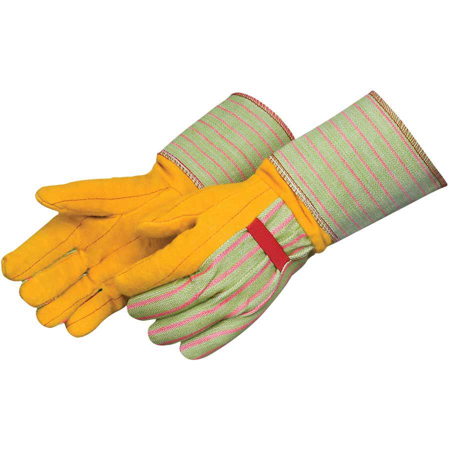 General Purpose Work Glove, Cotton, Green/Natural White/Yellow, Straight Thumb Style, Gauntlet Cuff