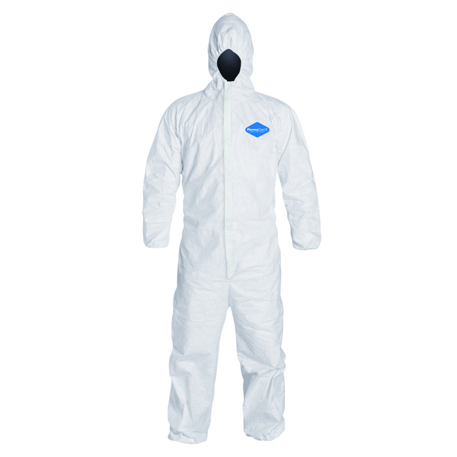 Coverall, Attached Hood, Series: E18127, XL Size, White, Polypropylene, Serged Seam, Front Zipper Closure