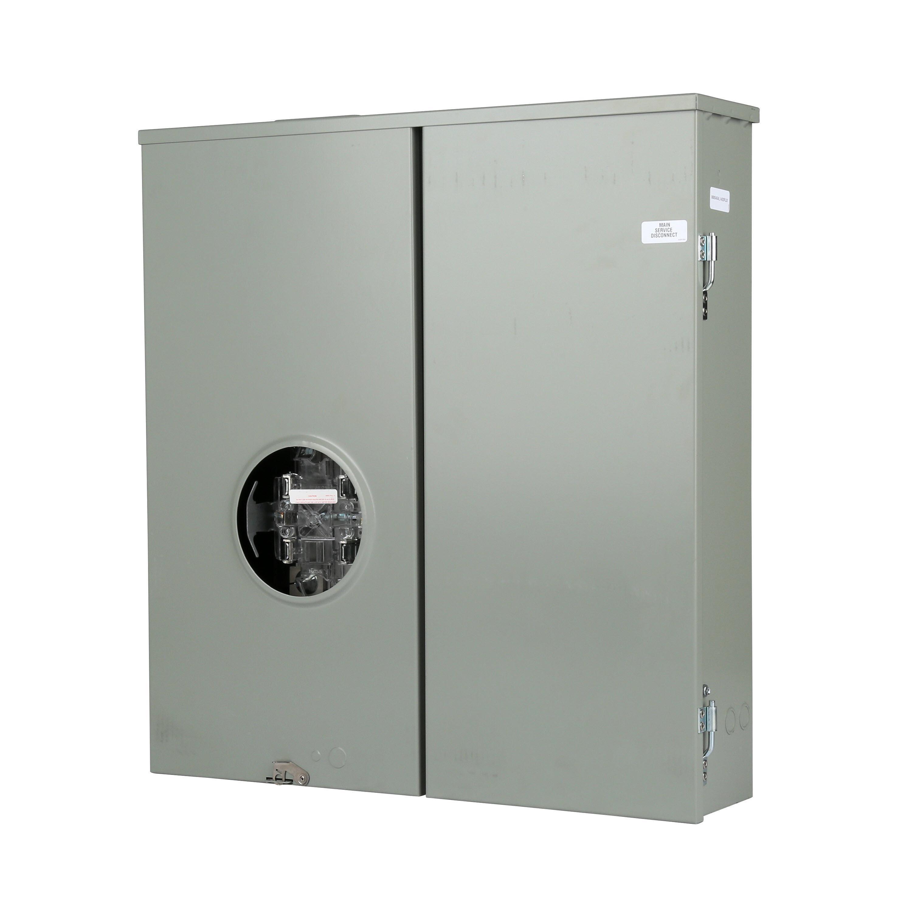 Meter Socket Circuit Breaker Combination, 120/240 V AC, 400 A, 1 Phase, 50/60 Hz Frequency Rating, 5 Jaws, HD Hub, Ringless Cover, Surface Mount, 29 in H x 27 in W x 6 in D Dimensions