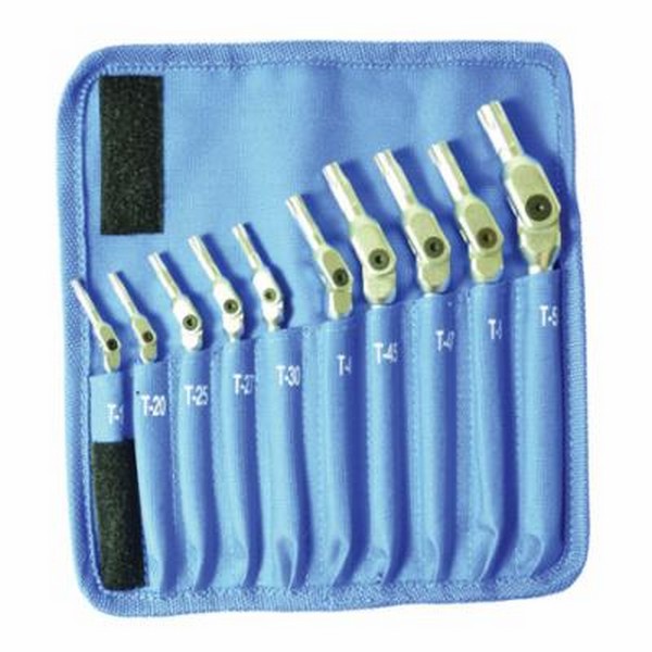 Key Set, Pivot Head, 10 Piece, T15 to T55 Torx, Tool Steel, Matte Chrome
