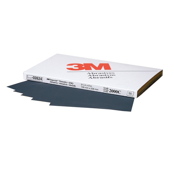 Coated Sanding Sheet, 9 Inch Length, 5 Inch Width, 2000 Grit, Fine Grade, Silicon Carbide Abrasive, Paper Backing, Applicable Materials: Clear Coat, Clear Plastic, Paint and Primer, Black, C-Weight Backing Weight