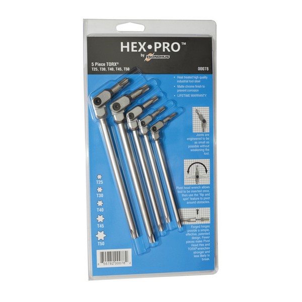 Torx Wrench Set, Pivot Head, Measurement System: Torx®, 5 Piece, Torx® Drive, T25 to T50 Torx, L-Handle Handle , Tool Steel, Matte Chrome