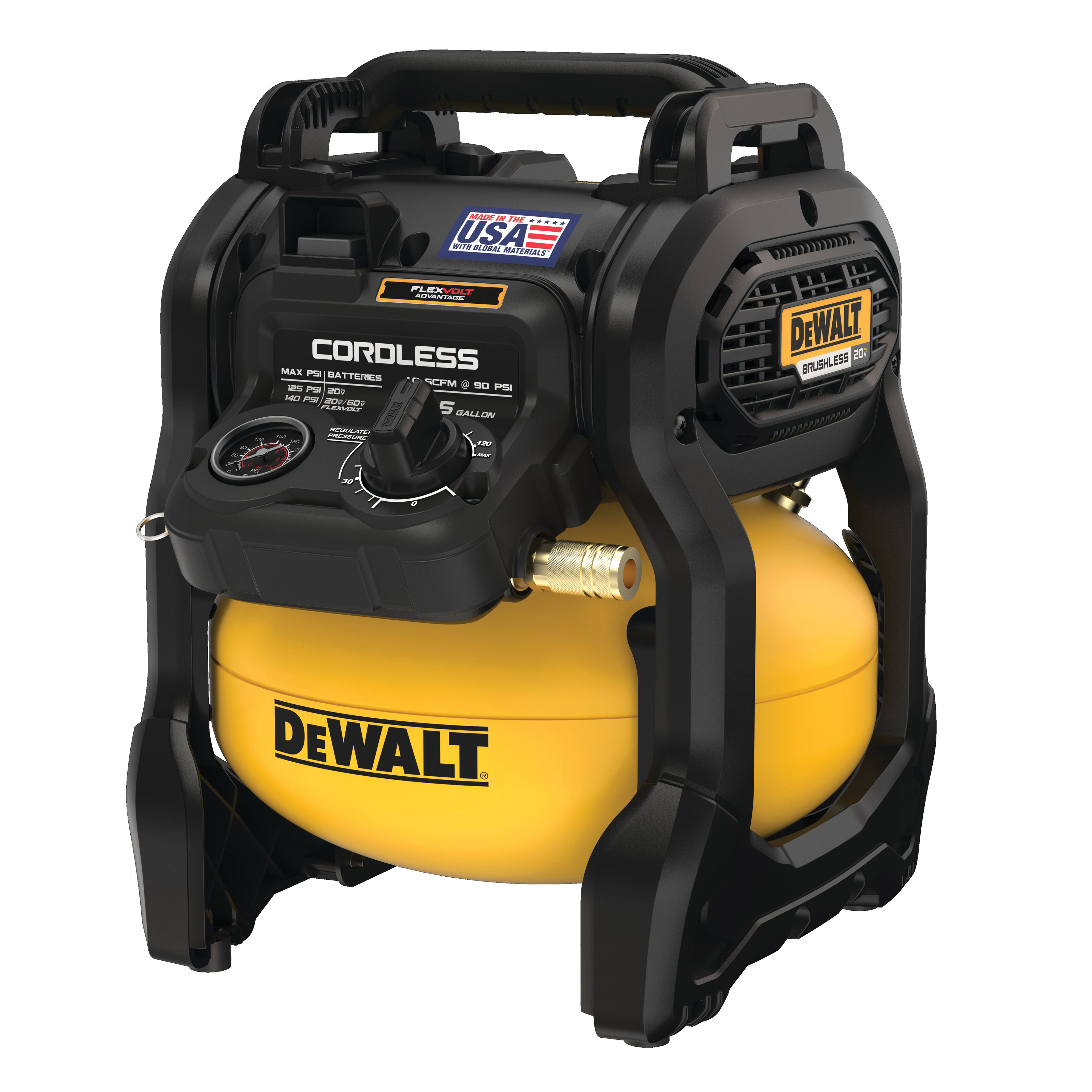 Air Compressor, Cordless, 1 scfm Flow Rate, 0.4 HP, 140 psi Pressure, Pancake Tank, 2-1/2 gal Tank, 20 V, 14 in Overall Length, 12-1/2 in Overall Width, 15-1/2 in Overall Height, Steel