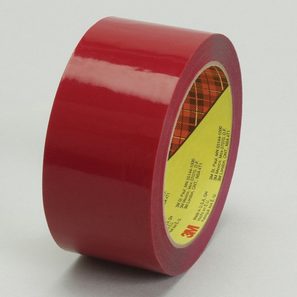 Box Sealing Tape, High Performance, 50 m Length, 72 mm Width, 2.5 mil Thickness, Red, 3 Inch Diameter Core, Hot Melt Synthetic Rubber Resin Adhesive, Polypropylene Film Backing, 50 in-oz Adhesion Strength, 30 in-lb Tensile Strength