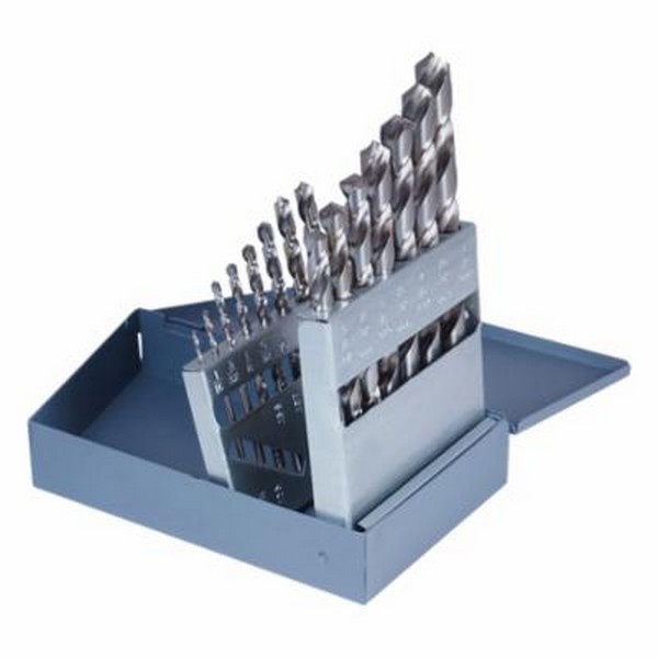 Jobber Length Drill Set, Series: 2002G, Imperial System of Measurement, 1/16 in Minimum Drill Bit Size, 1/2 in Maximum Drill Bit Size, 118 deg Drill Point Angle, 15 Piece, Specifications: Radial Point, Right Hand Cut, Spiral Flute, Straight Shank, HS