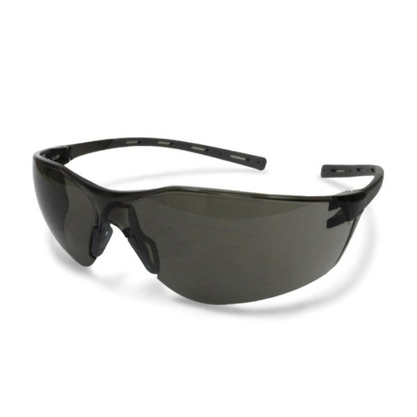 Safety Eyewear, Regular Size, Hard Coated Lens Coating, Smoke Lens, Smoke Frame, Polycarbonate Lens, 99.9 % UV Protection, Flexible Rubber Temple, Specifications Met: ANSI Z87.1