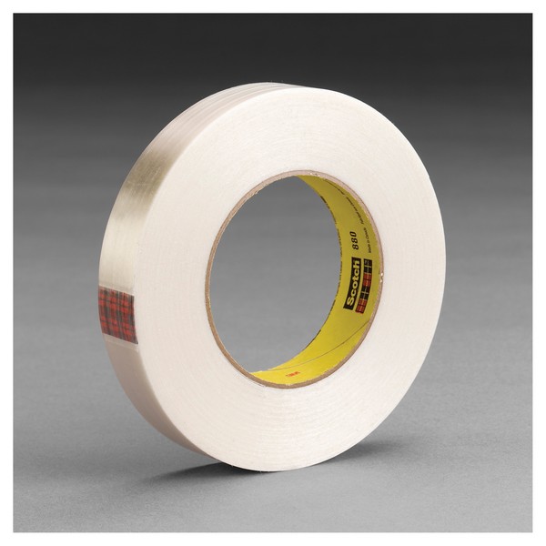Filament Tape, Reinforced Strapping, 330 m Length, 18 mm Width, 6.6 mil Thickness, Fiberglass Yarn Filament, Clear, 3 Inch Diameter Core, Synthetic Rubber Adhesive, Polypropylene Backing, 70 in-oz Adhesion Strength, 380 in-lb Tensile Strength, 80 °F Ma