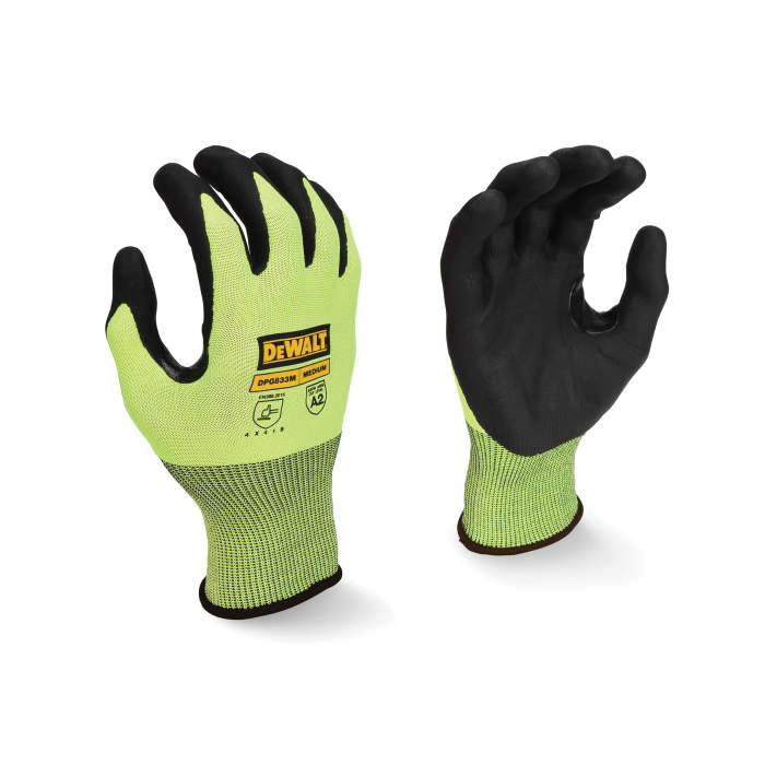 Cut Gloves, Touchscreen, Series: DPG833T, L Size, Micro Foam Nitrile Palm, 18 ga HPPE, Hi-Viz Green, Reinforced Thumb Saddle Style, Knit Wrist Cuff, ANSI Cut-Resistance Level: A2, Resists: Abrasion, Cut, Oil, Puncture, Tear and Water