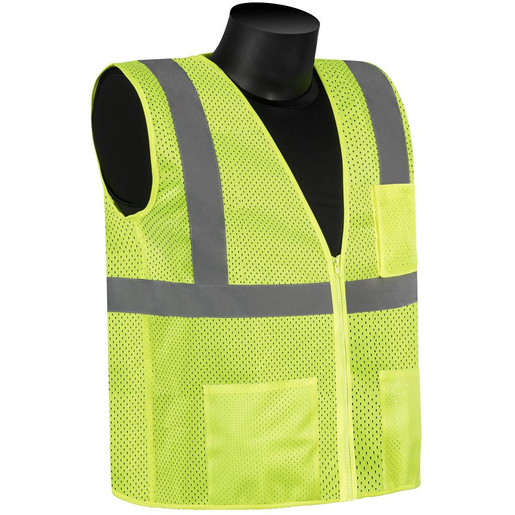 Economy Vest, Reflective, Series: C16003G, 2XL Size, Hi-Viz Green, Mesh/Polyester, Front Zipper Closure, 3 Pockets, ANSI Class: Class 2