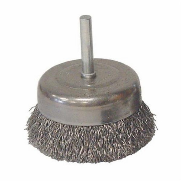 Cup Brush, Utility, 3 in Brush Dia, 1/4 in, Crimped Wire, 0.014 in Wire Dia, Carbon Steel Wire, 7/8 in Trim Length, 13000 RPM Max