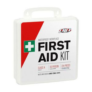 First Aid Kit, Lightweight Waterproof, Wall Mounting, 234 Components, People Served: 50, Plastic Case, White