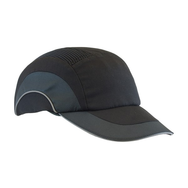 Bump Cap, Baseball Style Low Profile Standard Brim, Series: 282-ABR170, OS Size, Fits Hat Size: 6-5/8 to 7-7/8 in, Black, HDPE with EVA Foam Padding Liner/80% Polyester/20% Cotton Cap, Elastic Strap Suspension, 6 in L x 11 in W, Specifications Met: E