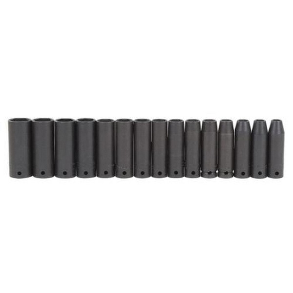 Socket Set, Deep Thin Wall, Yes Impact Rated, Measurement System: Metric, 15 Piece, 6 Points, 10 to 24 mm Included Socket Size, 1/2 in Drive, ASME B107.33M Specifications Met, Alloy Steel, Black Oxide