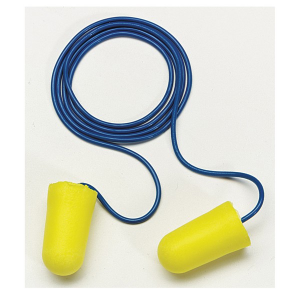 Ear Plug, Series: E-A-R Classic, Corded Design, 32 dB Noise Reduction, Tapered Shape, Regular Size, Yellow Plug, Foam Plug, Blue Cord, Vinyl Cord, Specifications Met: CSA Class AL, Disposable/Reusable: Disposable