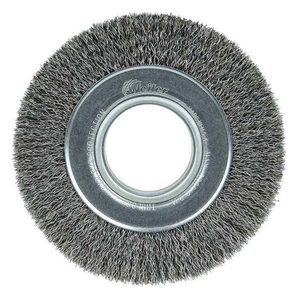 Wire Wheel Brush, Wide Face, 6 in Brush Dia, 1-1/4 in Brush Width, 2 in, Crimped Wire, 0.014 in Wire Dia, Steel Wire, 1-1/8 in Trim Length, 6000 RPM Max