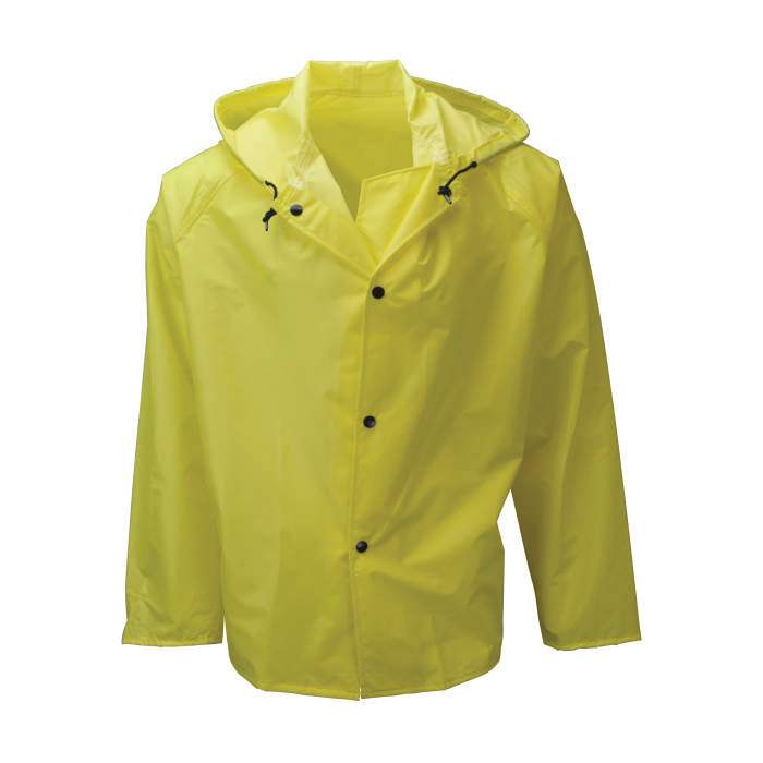 Cool Wear Rain Coat, Lightweight, Series: 375SJ, 2XL Size, Safety Yellow, Nylon/Polyurethane, Snap-Up Front/Storm Flap Front Closure, Specifications Met: ASTM D6413, Attached Drawstring Hood, Resists: Abrasion, Flame, Snag and Tear
