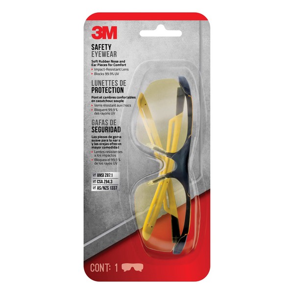Safety Eyewear, Anti-Fog/Scratch-Resistant Lens Coating, Amber Lens, Black Frame, Yes UV Protection, Soft Molded Rubber Temple, ANSI Z87.1-2015 Specifications Met