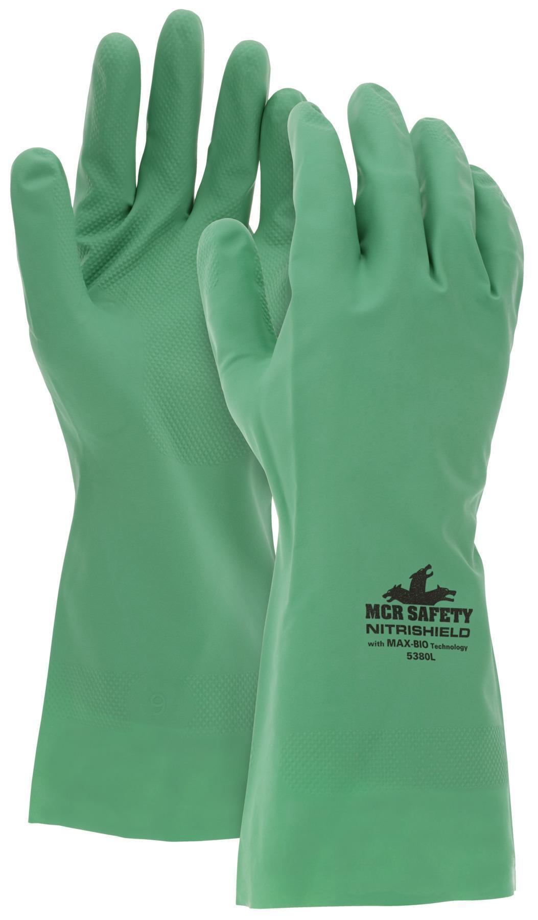 Gloves, Disposable, Series: NitriShield™, 2XL Size, Green, Standard Finger/Wing Thumb Style, Rolled Cuff, Nitrile Coating, Powder-Free, 12 in Length, 8 mil Thickness