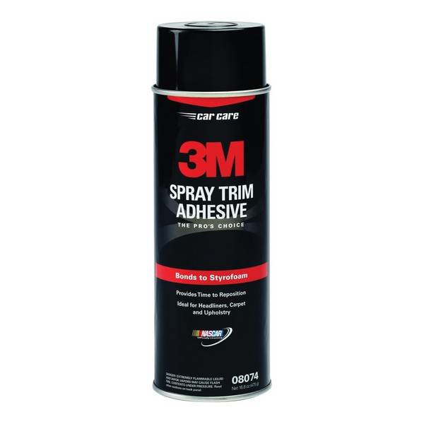 Spray Trim Adhesive, Aerosol Can Container, 24 fl-oz Container, 16.8 oz Net Weight, 10 to 15 min Drying, 10 to 15 min Curing, Pale Yellow, -20 to 160 °F, 0.72 Specific Gravity, 481 g/L VOC, Flammability: 4, Wood, Fiberglass and Metal Adheres to