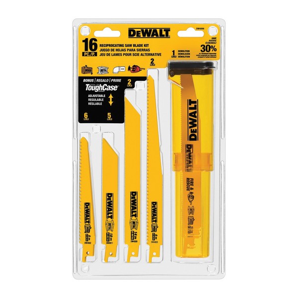 Reciprocating Saw Blade Set, 16-Piece, Raker Teeth, Bi-Metal Body, Yellow, Applicable Materials: Metal and Wood