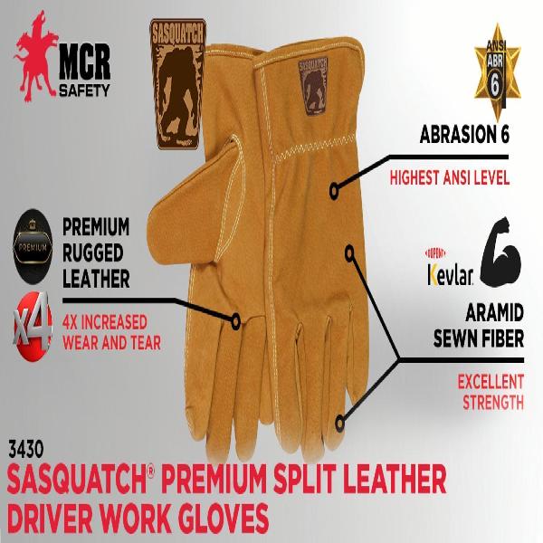 Work Gloves, Series: Driver Glove, X-Large Size, Premium Grade Split Leather, Tan, Slip-On/Open Cuff